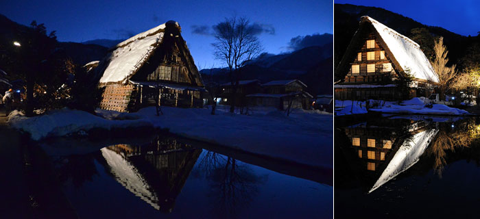 Lighted up upside down Gassho zukuri on the surface of the water