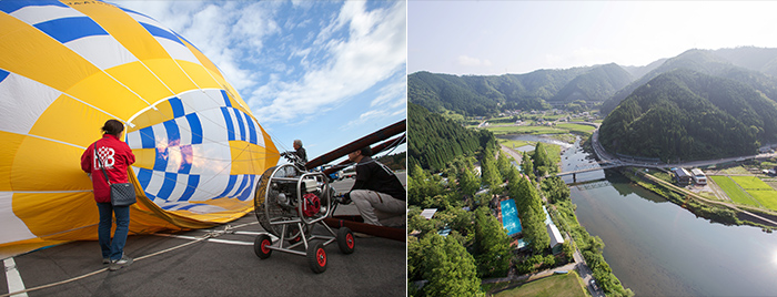 左：熱気球が膨らんでいくとともに期待感も高まります♪ 右：郡上の景色を空高くから堪能！