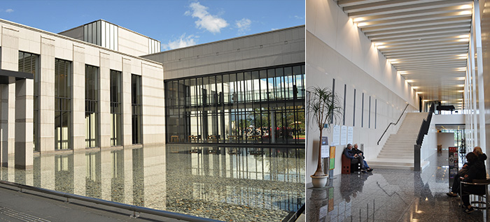 左：アール・デコの直線的な意匠を現代流に取り入れた飛驒高山美術館。右：ガラス窓から自然光がたっぷりとそそぐ明るく開放的な空間です。