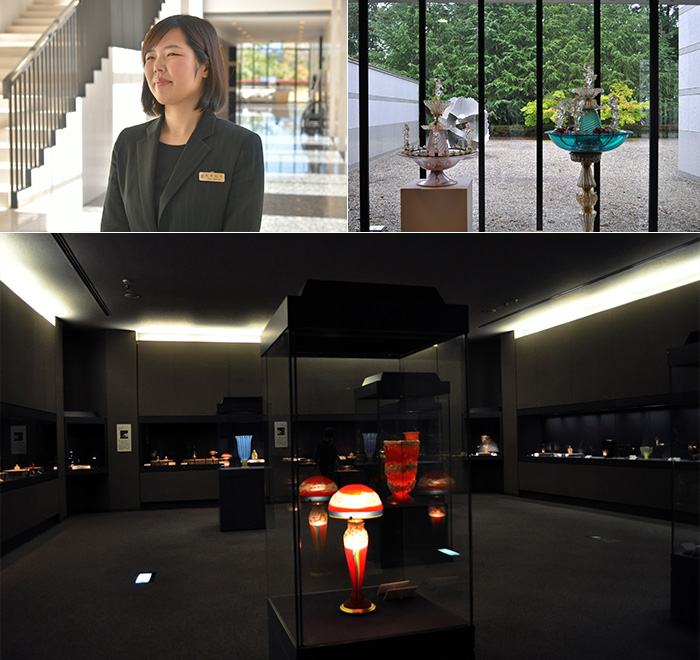 Left: The curator who guided us Right: Fountain hall against the background of the garden Down: Glass exhibition room