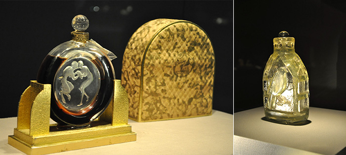 左：100年以上前のルネ・ラリックの香水瓶。中身はどんな香りがするのでしょう…。そんな想像をするのも楽しい。右：画家からガラス作家へと転身したモーリス・マリノの作品。酸を使って立体的なモチーフを浮き出させています。