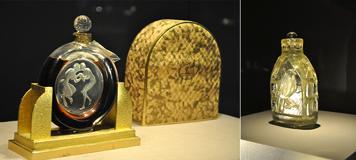 Left: René Lalique perfume bottle over 100 years ago Right: Maurice Marinot acid sculpted glass bottle