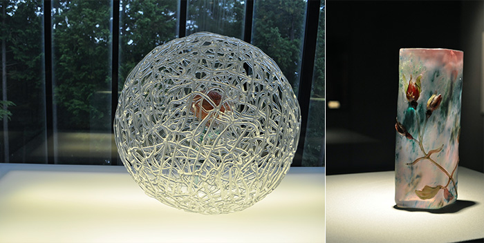 左：作品を傷めない特殊なガラスをつかった自然光の入る展示室には、現代作家の作品がみられます。右：エミール・ガレの花器「フランスの薔薇」