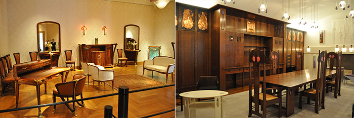 左：ガレとともにアール・ヌーヴォーを代表するマジョレルの部屋。右：マッキントッシュの絵をもとに再現されたマッキントッシュの部屋。
