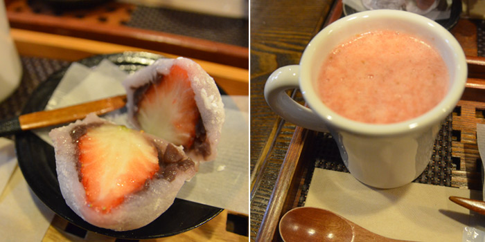 Whole strawberry in daifuku goes well with the strawberry juice!