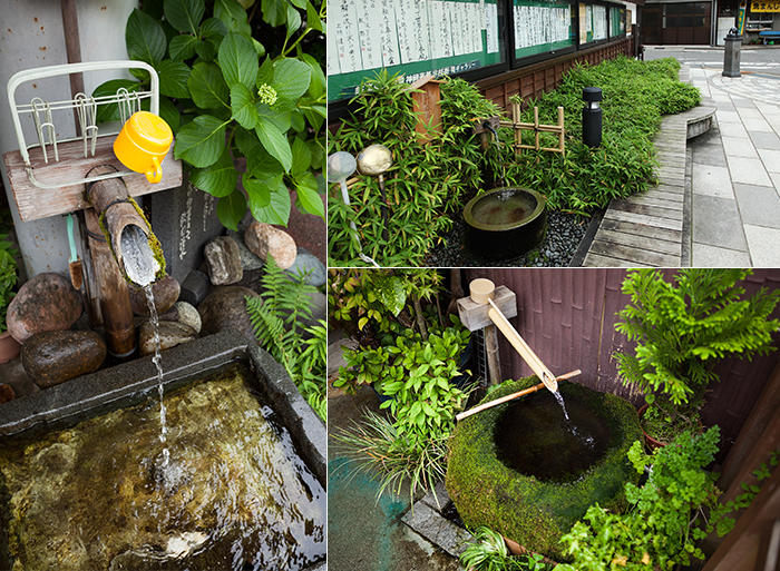 左：桜町の水屋／右上：西里通りにある湧水／右下：大津通りには民家の玄関先にも湧き水が…