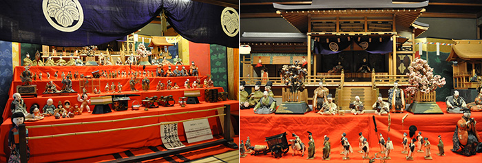 左：大きなひな壇には江戸時代から様々な年代の雛人形が一緒に飾られます。右：見事な檜の御殿造り。
