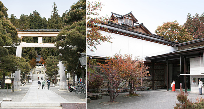 神社の境内を歩いて行くと見えるお城の上に屋台がくっついたような建物が高山祭屋台会館です！