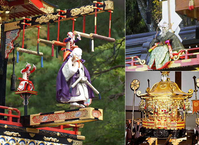 左：宝珠台の雌雄の大亀／右上：仙人台の仙人像／右下精巧な造りの大神輿