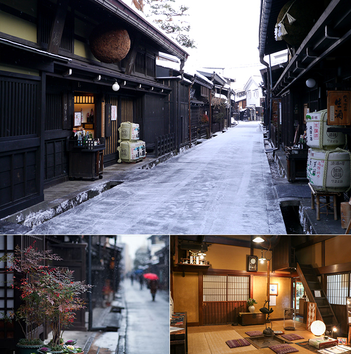 上：屋根や道に降り積もった雪が美しい古い町並み　左下：町屋の軒先に飾られてる鉢植えとのコントラストも◎　右下：カフェ 青さんでは、築150年の町家の中、畳の上で甘味を楽しんでいただけます。